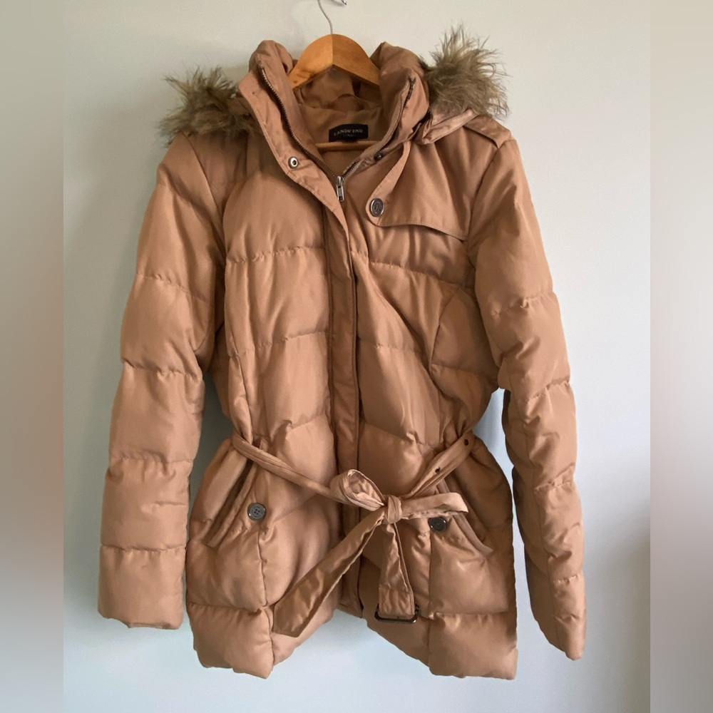 Land’s End Tan Puffer Jacket with Faux Fur Hood size L